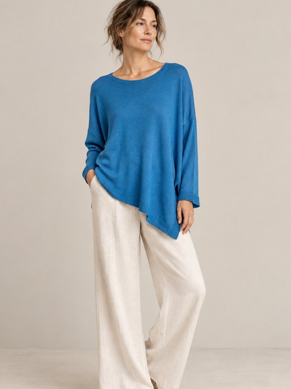 EILEEN FISHER Teal Nile Blue Lightweight Merino Wool Asymmetric Hem Sweater S